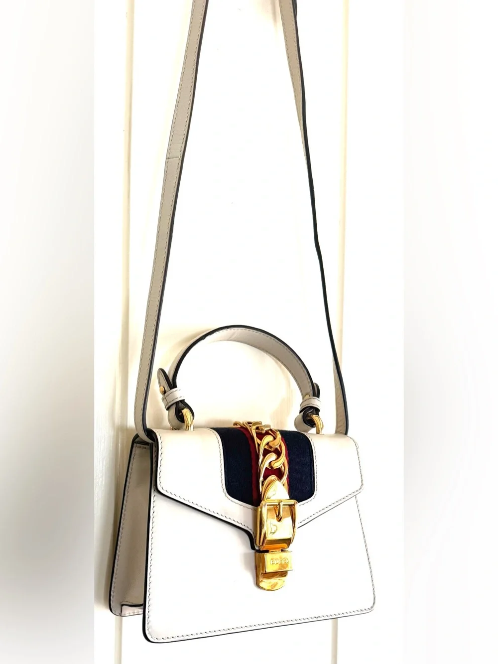 GUCCI Sylvie Mini White Leather Top Handle Crossbody Shoulder Bag